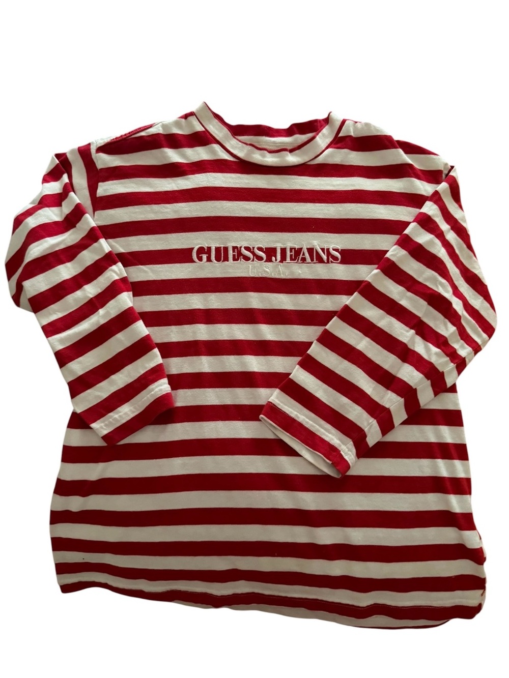1980s Vintage Guess Red & White Striped Long Sleeve Tee - Womens M